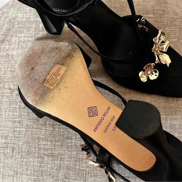 Antonio Melani Stain Black Gold Flower Dressy High Heel Sandals Shoes Evening 10 - Picture 6 of 12
